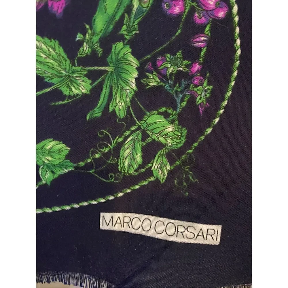 Marco Corsari Dark blue scarf with green and purple vegetables and herbs plants